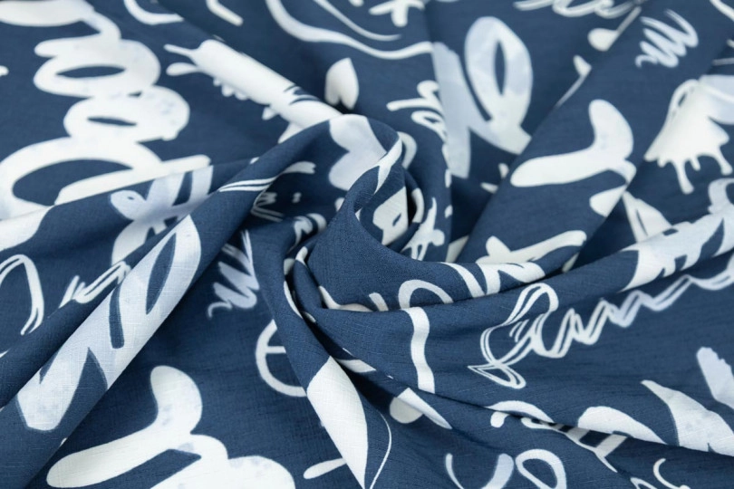 Ткань лен слаб, принт — смайлики на синем