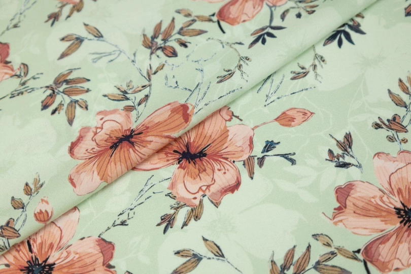 Штапель принт — терракотовые цветы на салатовом