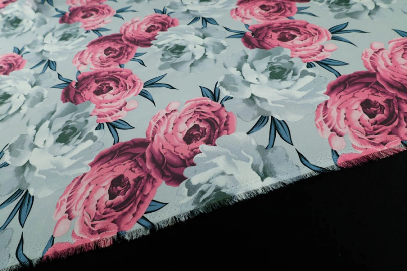 Шифон креп, принт — пионы на сером