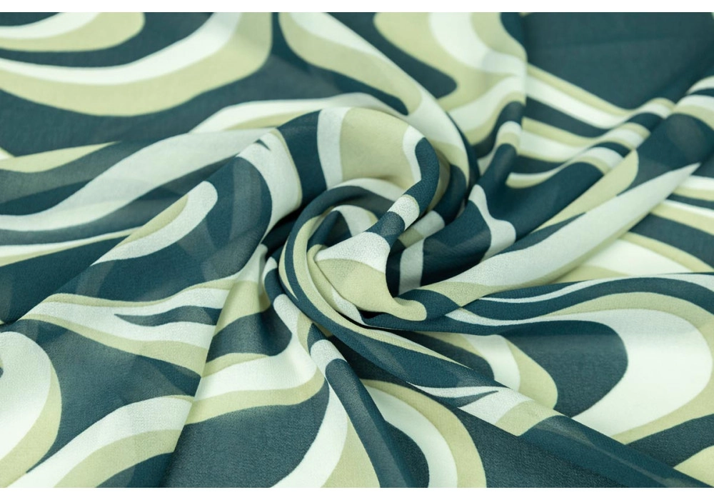 Шифон креп, принт — волны на изумрудном
