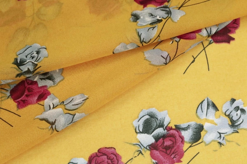 Шифон креп, принт — редкие розочки на горчичном