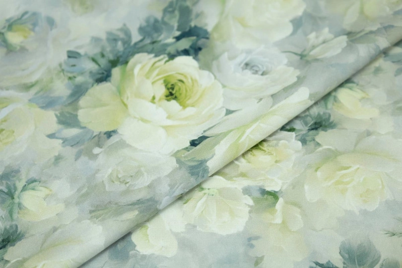 Штапель принт — розы акварель зеленая