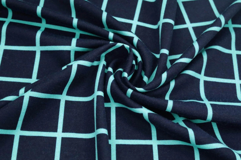 Ткань Джерси Рома, принт — клетка бирюзовая на синем