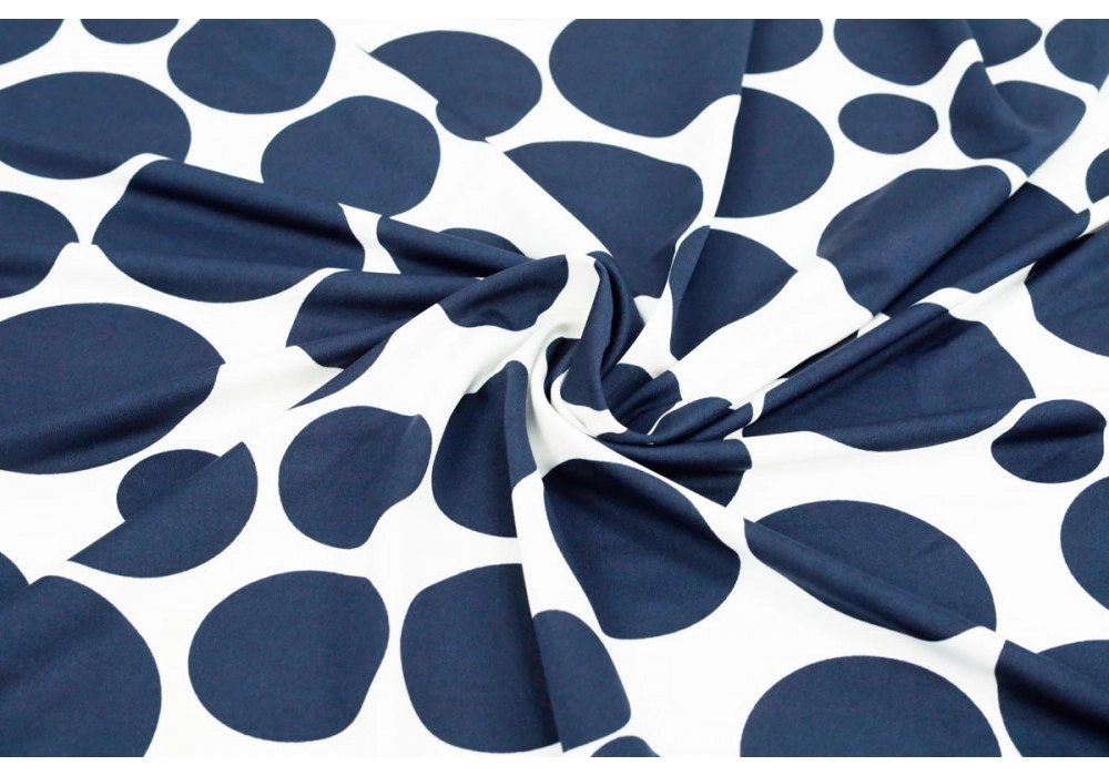 Трикотаж масло, принт — разные круги синие на белом