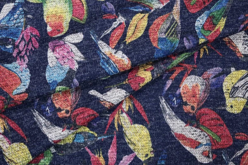 Меланж Сандра с люрексом, принт — птицы на синем