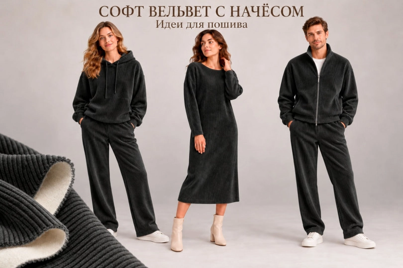 Софт вельвет с начесом на отрез, цвет — черный